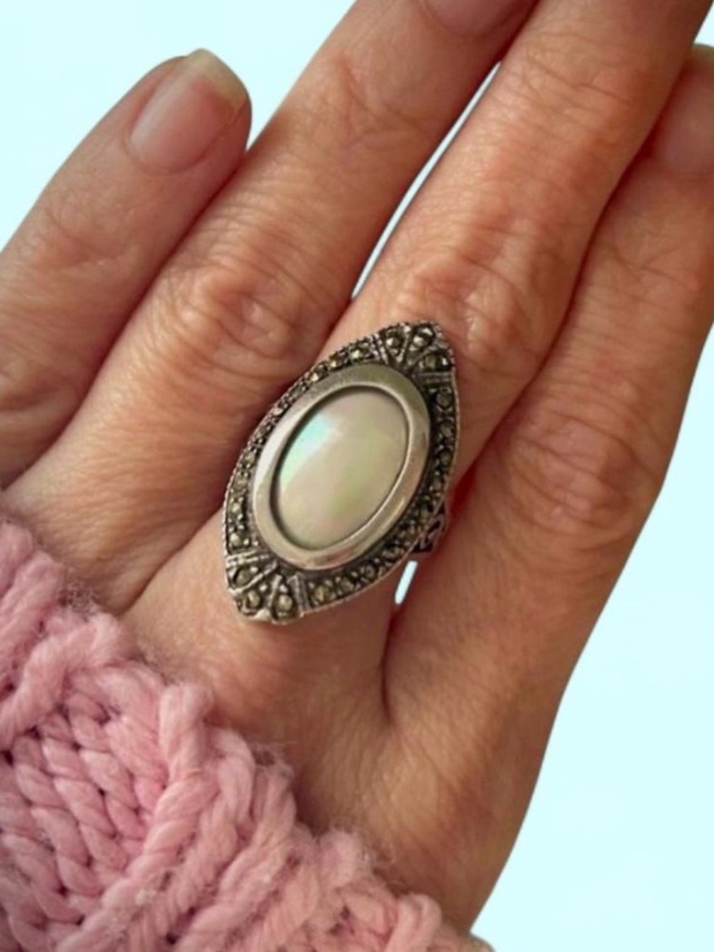 Antique 1930s Art Deco Mabe Pearl Marcasite Sterling Silver Statement Ring